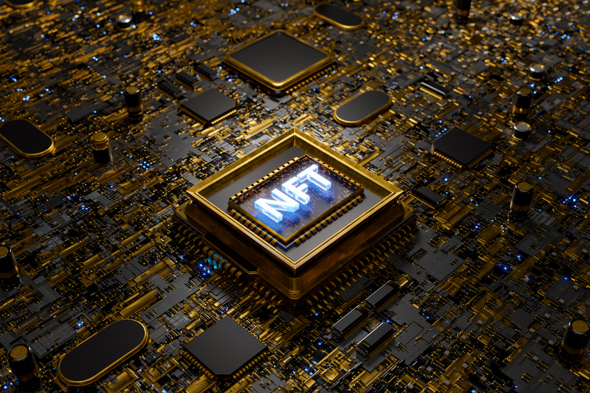 NFT sign on a microchip on a golden electronic board - Kabat, Schertzer, De La Torre, Taraboulos & Co.